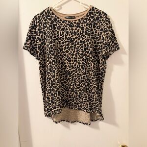 Zara Black and Tan cat Cheetah Print Short Sleeve 100% Cotton Tee Sz M Women